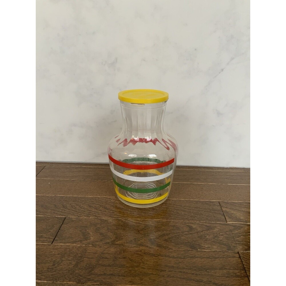 Vintage Federal Glass Juice Carafe Decanter Lid Fiesta Stripes